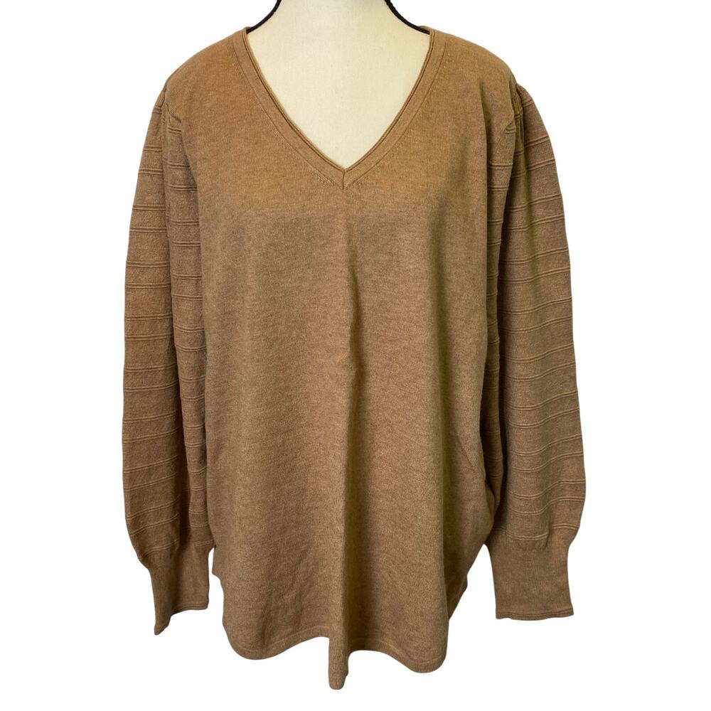 Chico's Women's‎ Cashmere Blend Balloon Sleeve V Neck Sweater Size XXL Brown
